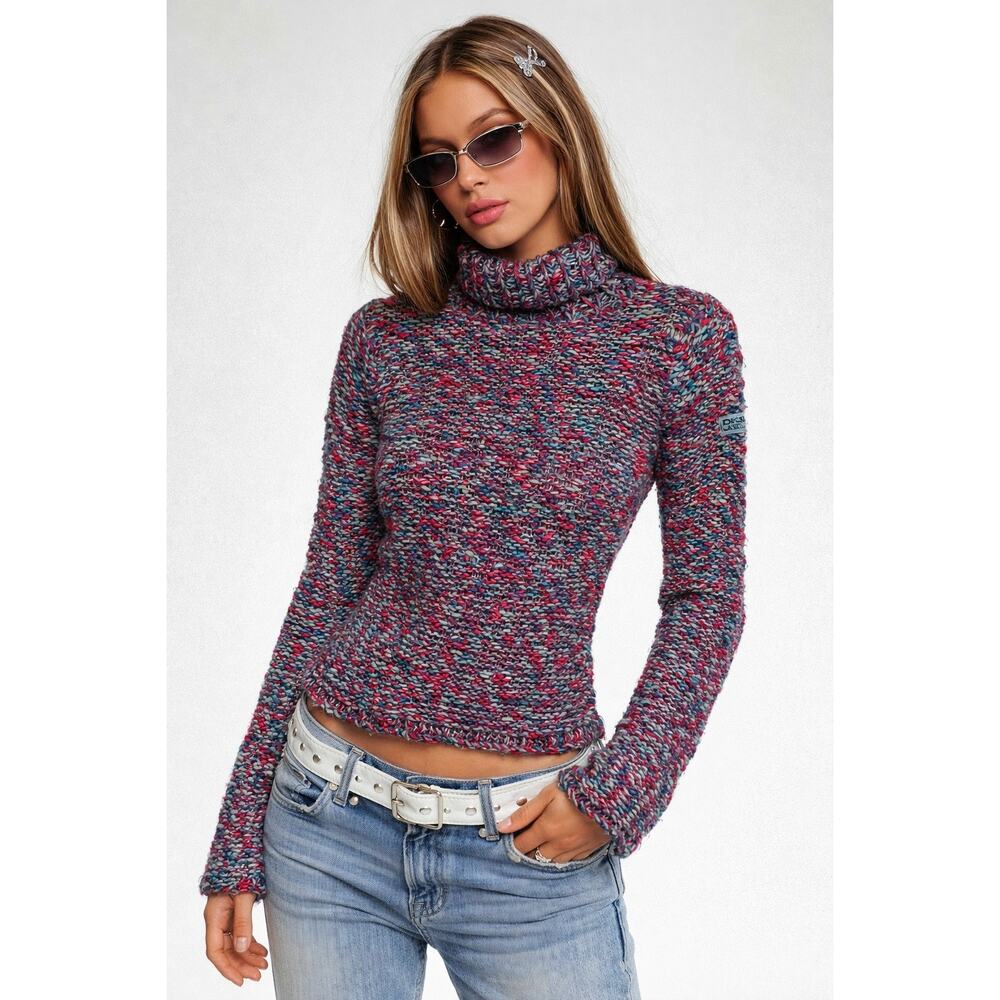 VTG DKNY Jeans Y2K Chunky Knit Turtleneck Sweater Pink & Blue SZ LARGE Cool Girl